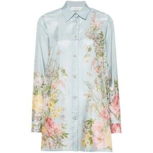 ZIMMERMANN Waverly Floral-Print Shirt Light Blue Silk Size AU 0P/ US 2P